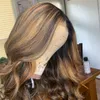 4/27 Highlight Blonde Body Wave Wig Human Hair spetsar peruker Brasilianska vågiga transparent spetsar frontala peruk svart /röd /vit peruk förinställda för kvinnor