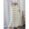 Faldas Mujer moda Corea blanco de primavera pastel largo costura princesa cintura elástica dulce gasa alta A-line Faldas J081