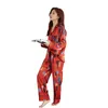 Women's Sleepwear Satin Pijamas Suit Red Print Button-Down Pyjama Long Sleeve Women Trousers Pajamas Set Soft Thin Faux Silk Pour Femme