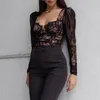 Damen T-Shirts Mode Lente Zomer Women Bustier Spitze T-Shirts V-Ausschnitt Lange Mouw Transparante Kantoor Lady Top Sexy Elegante High Street