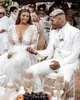 Boho Country Wedding Suknie suknia ślubna koronkowa aplikacja głębokie zanurzanie v szyja długie rękawy Ruche pliski długość podłogi Niestandardowe rozmiar rozmiaru de novia estido