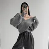 Damtröjor 2023 Höst Vintage V-ringad Pull Sexy Off Shoulder Crossover Sweater Tröjor För Dam Koreansk Elegant Lady Stickade Tröjor