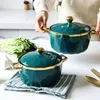 Bowls Ceramic Large Soup Bowl Green Phnom Penh Noodle Fruit Salad Ramen Pot Handle Lid Dinnerware Household Kitchen Supplies Tableware