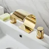 Bathroom Sink Faucets Basin Total Brass Gold Deck Mounted 3 Hole Double Handle And Cold Waterfall Faucet Water Tap