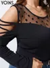 女性用プラスサイズのTシャツスプリングブラウス女性プラスサイズのシャツエレガントなポルカドットオフショルダーブルーサスルーパッチワークロングスリーブチュニック230216