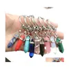 Key Rings Natural Stone Hexagonal Prism Keychains Sier Alloy Healing Amethyst Pink Crystal Car Decor Keyholder For Women Men Drop De Dhxqy