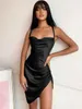 Повседневные платья Dulzura Satin Women Strap Mini Plore Mini Press Struched Cross Bangage Bodycon Sexy Party Elegant Club Christmas Slim 230216