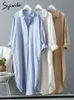 Sukienki swobodne Syiwidii ​​Długa biała sukienka koszuli dla kobiet linijka bawełniana wiosna letnia koreańska odzież vintage ponadwymiarowa szata midi 230216