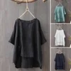 Blouzen voor dames hoog lage zoom zijzijde split vrouwen t-shirt vaste kleur o-neck pocket halve mouw pullover blouse vintage zomer shirt