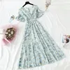 Casual Dresses Summer Women Ruffled Short-sleeved Chiffon Dress V-neck High Waist Floral Print Beach Midi Backless Sexy Vestidos 230216