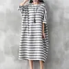 Feestjurken vintage gestreepte batwing mouw Long Robe 2023 zomer losse plus size dames casual katoenen linnen kledingvestidos ab150