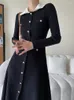 Casual Dresses Women Black High Elastic Long Sticking Elegant Dress Lapel Sleeve Loose Fit Fashion Spring Autumn 2023 C607