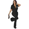 Plus Size 4XL Designer Women Sports Tracksuits Two Piece Outfits Fashion Short Sleeve Zipper Jackets Top And Flared Pants Suit