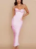 Casual jurken zomer satin maxi bodycon sexy evenement nacht bruiloft gast vrouwen korset feest roze spleet spleet hoge kwaliteit 230216