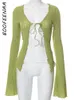 여자 티셔츠 boofeenaa tie up v 넥 플레어 긴 소매 탑 Y2K 2000S 여자를위한 녹색 셔츠 귀여운 섹시 카디건 가을 c85-bh16 230215