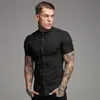 Herrklänningskjortor ankomster sommarman Kort ärm Solid Fitness Mens Stand Collar Super Slim Fit Business Button Gym Tops 230216