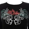 T-shirts pour femmes T-shirts rétro à manches longues pour femmes Vintage Floral Imprimé Casual Sauvage Élégant Slim Fit Quotidien Street Wear Femme Noir