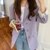 Taro Violet Costumes Blazers avec Poches Femmes Chic Printemps Automne Revers Doux Trois Boutons Vestes De Costume Lâche Polyvalent À Manches Longues Manteaux