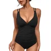 Sexy V Neck One Piece Swimsuit Women High Tail Cover Belly Siamese