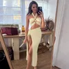 Casual Dresses Women's 2023 Summer Solid Color Wrapped Chest Halter Lace-Up Ring Connection Hollow Slit Dress Long