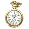 Montres de poche Style Antique cuivre visage ouvert numéro romain cadran blanc montre mécanique pour homme avec chaîne beau cadeau