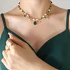 Collane con ciondolo Elegante signora Luxury Green Cubic Zirconia Collana con catena in pietra naturale di perle Gioielli fatti a mano in acciaio inossidabile di moda