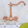 Bathroom Sink Faucets Antique Red Copper Brass Kitchen Faucet Mixer Tap Swivel Spout Wall Mounted Dual Ceramic Levers Handles Mnf948