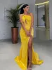 Hollow Out Yellow Evening Party Dresses For Women Sexy High Split Maxi Robe De Soiree One-Shoulder Long Prom Gowns Vestido