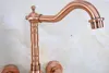 Bathroom Sink Faucets Antique Red Copper Brass Kitchen Faucet Mixer Tap Swivel Spout Wall Mounted Dual Ceramic Levers Handles Mnf948