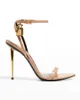 23S Tom-f-sandal sandal spetsad tå hänglås Lås 105 mm guldklackar Bicolor Ankel-Rem vit Sandaler nakenläder popklack sandaler sko 35-44EU