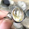 Cluster Rings 12mm Natural Gold Rutilated Quartz Ring For Woman Man Gift Wealth Luck Crystal Oval Beads Silver Adjustable Jewelry