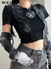 Damska koszulka Rockmore Grunge Fairycore Crop Top Kobiety Patchwork z krótkim rękawem i rękawiczki ramię