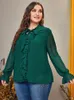 Dames T-shirt met grote maten TOLEEN Dames grote grote maten blouse Lange mouwen Lente uitgehold gedrapeerd overhemd Kantoor Dame Groene kleding met strikceintuur 230216