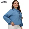 T-Shirt grande taille femme chemise en Jean femmes printemps automne grande taille Blouses en Denim à lacets dames en vrac hauts mode grande taille femme Jean chemises 230216