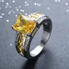 Anneaux de mariage jaune cristal Zircon fiançailles pour femmes bijoux carré pierre anneau femme luxe pierre de naissance couleur argent