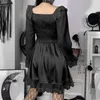 Casual jurken lolita Franse stijl jurk kanten patchwork zwart paars zoete zoete lange mouw vrouwen vierkante kraag schattig vestido a line mini