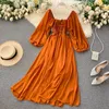 Casual Kleider Woherb Chic Elegantes Quadrat Kragen Maxi Kleid Frauen Solide Chiffon Puff Sleeve Koreanische Mode Vintage Rüschen Vestidos 230216