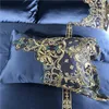 Bettwäsche Sets Blau Luxus romantische goldene Spitze Stickerei 100S Seiden Baumwolle Royal Soft Set Duvet Cover Bettblatt Wäsche Kissenbezüge