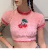 Kvinnors T -skjortor ins koreanska mode härlig rosa körsbär stickade skördetoppar söt tjej mager 2023 sommar streetwear hip hop y2k estetik