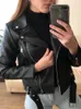 Couro de couro feminino Couro Faux Ailegogo Women Spring Autumn Black Faux Leather Jackets Zipper Basic Coat Turndown Collar Motor Biker Jacket com cinto 230216