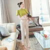 Kvinnors tvåbitar byxor 2023 Summer Suit Puff Sleeve Women Elegant Knit Top T Shirt Slim Straight Trousers Korean Fashion 2 Set Ladies Suits