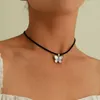 Choker enkel vintage stil legeringsfjäril hänge halsband för kvinnor harajuku läder rep kedja colar smycken gåva