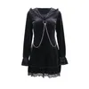 Casual Dresses Punk Gothic Lolita Girl Lace Trim Ruffle Black Velvet A-Line Dress Sexy Women Long Sleeve Doll Collar Mini Cosplay Costume