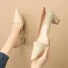 Dress Shoes Ladies Soft Leather Thick Heel 6cm Office Korean Pointy Toe High Heels Pumps Shallow Yellow Black Fashion Party Shoe Women