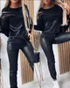 Women's Two Piece Pants Sets Womens Outifits Autumn Zipper Design Pu Leather Patch Round Neck Long Sleeve Top & Drawstring Casual Set