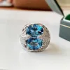 Cluster Ringe Luxus Aquamarin Diamant Ring 925 Sterling Silber Party Hochzeit Band Für Frauen Braut Versprechen Verlobung Schmuck Geschenk