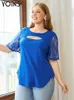 Women's Plus Size T-Shirt YOINS Sexy Hollow Out Tunic Tops Summer Women's Short Sleeve Lace Patchwork Blouses Plus Size Casual Solid Blusas Femininas 230216