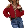 女性用Tシャツ2023秋の女性服ヒョウ柄のステッチVネックボタンオフショルダーの長袖TシャツTJ038
