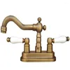 Bathroom Sink Faucets Antique Brass 4" Centerset Two Holes Basin Faucet Mixer Tap Swivel Spout Double Ceramic Levers Mnf326