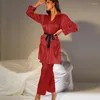 Kvinnors sömnkläder 3st Pyjamas Suit Womens Satin Loungewear V-Neck Pyjamas Intime Lingerie Spring Summer Bathrobe Home Clothes